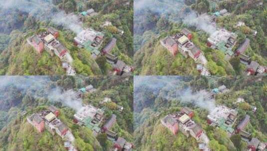烟雾缭绕武当山金顶航拍视频高清在线视频素材下载