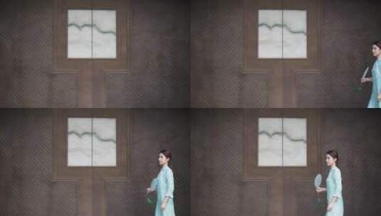 年轻旗袍女子摇着扇步行穿过中式合院门廊高清在线视频素材下载