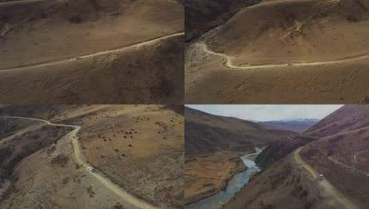 航拍越野车行驶在高原草甸半山腰的山路上高清在线视频素材下载