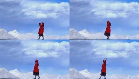 雪山下红衣女子走路慢动作情绪片段高清在线视频素材下载