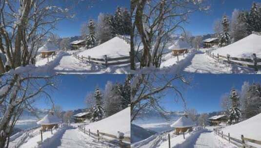 4K冬日冬季滑雪雪景雪山树林湖面云彩海面高清在线视频素材下载