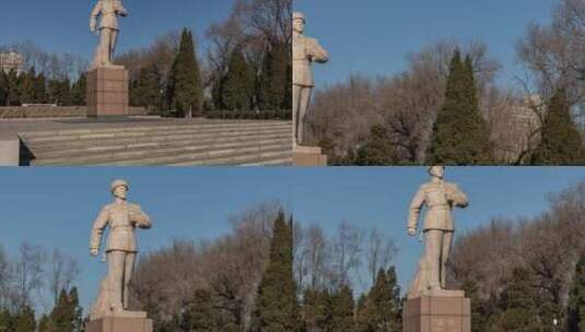 抚顺雷锋纪念馆雷锋墓前面站立塑像高清在线视频素材下载