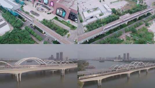西安浐灞广运大桥空中地铁行驶灰片高清在线视频素材下载