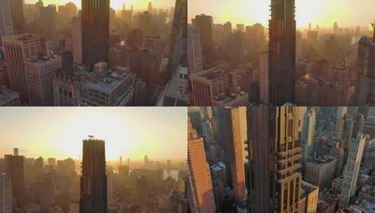 4K城市航拍纽约曼哈顿摩天大楼日出城市建筑高清在线视频素材下载