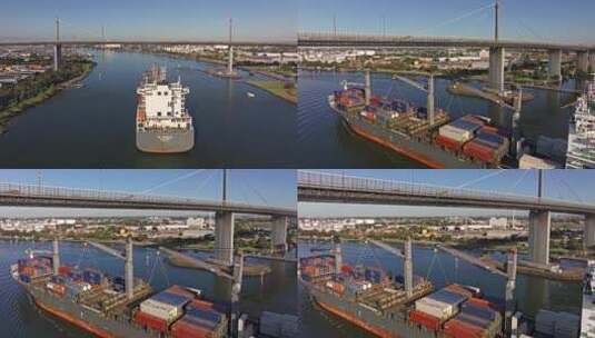 城市航拍货轮进港墨尔本海运远洋澳大利亚高清在线视频素材下载