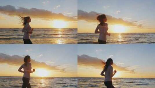 年轻迷人的女人在海边慢跑高清在线视频素材下载