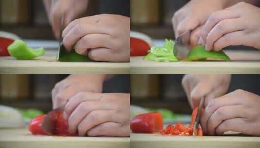 厨师娴熟的切青红椒丝高清在线视频素材下载