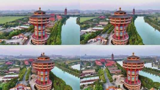 航拍扬州高旻寺运河河道寺庙塔游客全景空景高清在线视频素材下载