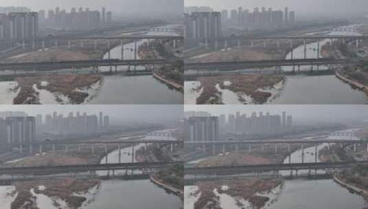四川广汉城市湔江湿地桥梁西成高铁空镜高清在线视频素材下载