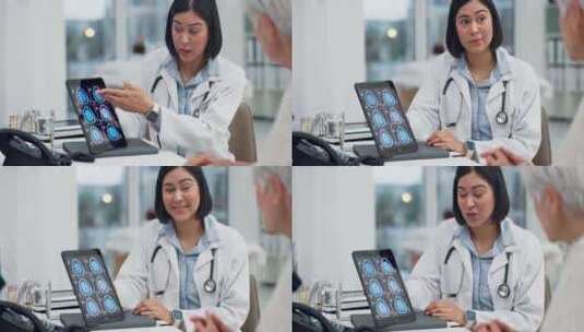 平板电脑、脑x光片和患者与医生、医疗结果高清在线视频素材下载