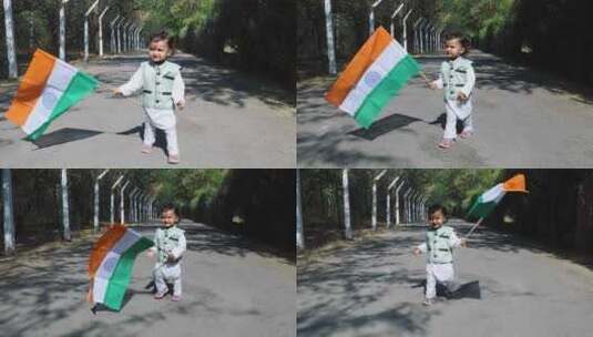 孩子白天从平角走印度三色国旗高清在线视频素材下载