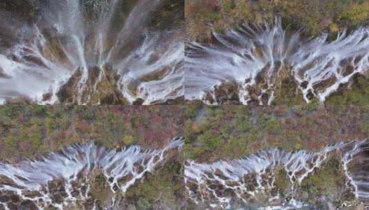 航拍九寨沟秋天诺日朗瀑布镜海彩林水景秋景高清在线视频素材下载