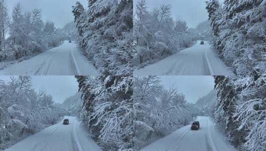 汽车行驶在冬天的林海雪原高清在线视频素材下载