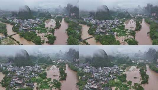 桂林夏季暴雨洪水航拍高清在线视频素材下载