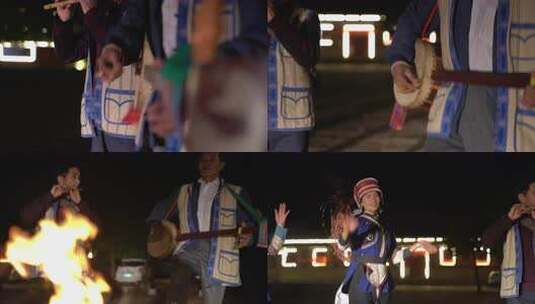 民俗表演者夜晚持鼓演奏高清在线视频素材下载