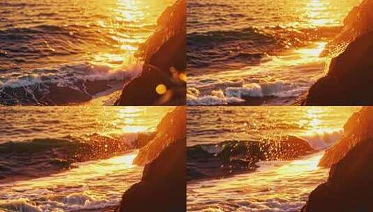夕阳下海浪拍打岩石景观高清在线视频素材下载