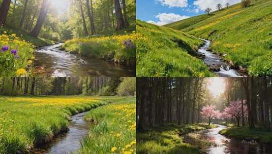春天立春草地野花树林小溪流唯美生态高清在线视频素材下载
