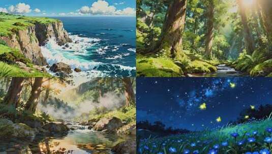 自然风景 宫崎骏风格 治愈系插画风景高清在线视频素材下载