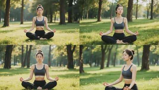 女子在公园草地做瑜伽冥想高清在线视频素材下载