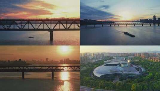 杭州钱塘江大桥日出晨跑钱塘江日出高清在线视频素材下载