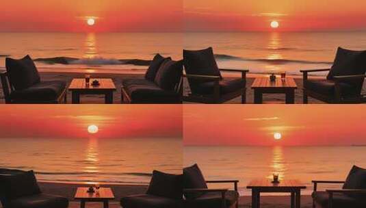 海边日落时的休闲桌椅场景高清在线视频素材下载