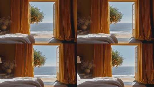 卧室海景窗户开启视角高清在线视频素材下载