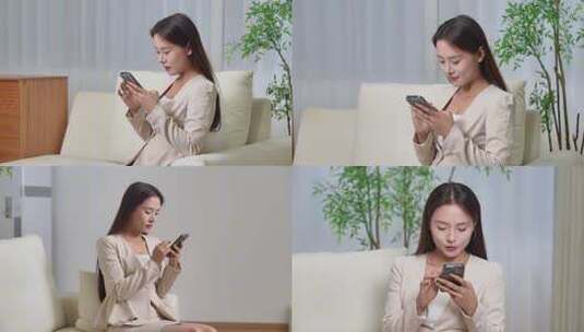 美女居家沙发上使用手机高清在线视频素材下载