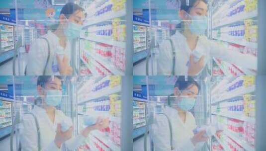 戴口罩的青年女人在超市挑选酸奶高清在线视频素材下载
