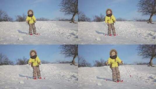小女孩小心的在雪地玩滑板高清在线视频素材下载