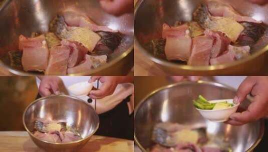 【镜头合集】不锈钢盆用葱姜料酒腌制鱼肉高清在线视频素材下载