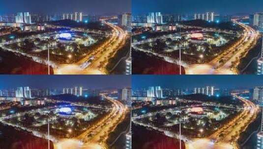 航拍夜晚杭州滨江高架桥车流高清在线视频素材下载