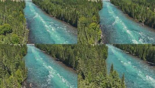 航拍绿色森林河流大自然风景高清在线视频素材下载