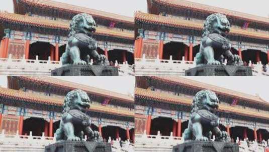 雪天里的故宫青铜狮子高清在线视频素材下载