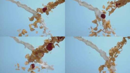 玉米片和牛奶在空中飞舞高清在线视频素材下载