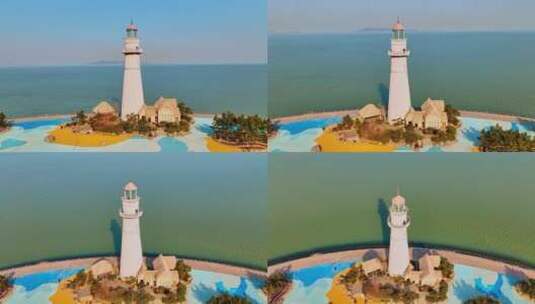 山东威海悦海公园灯塔与大海航拍高清在线视频素材下载