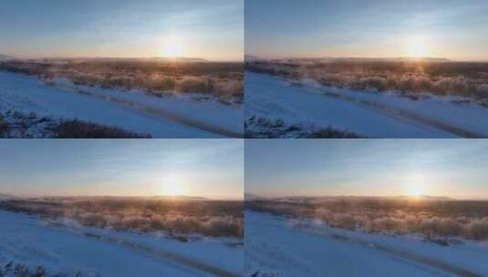 航拍4K冬季冰河朝阳高清在线视频素材下载