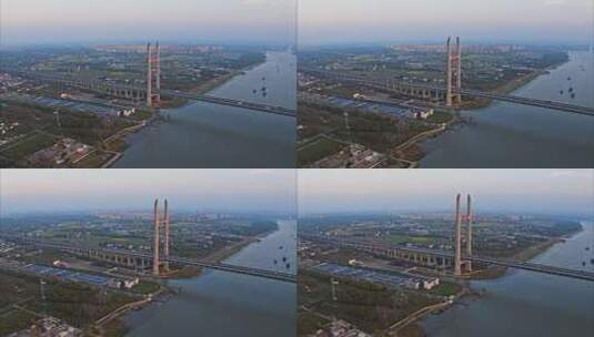 上海闵浦大桥日落航拍高清在线视频素材下载
