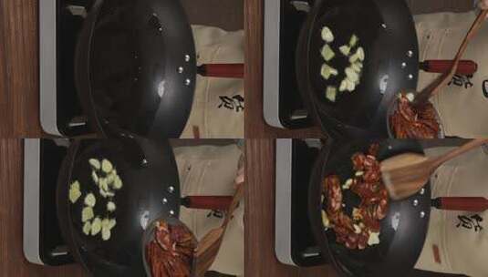 油热锅中加入姜蒜和红肠片并翻炒高清在线视频素材下载