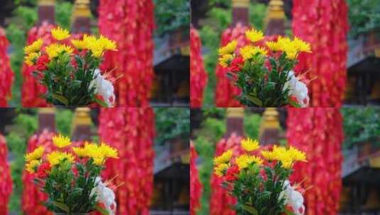 寺庙里雨中盛开的花束高清在线视频素材下载