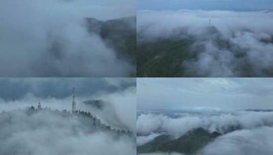 航拍雨天森林云雾通信信号塔高清在线视频素材下载