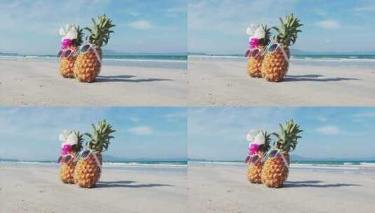 沿海的热带海滩在沙滩上戴着太阳镜的热带水果高清在线视频素材下载