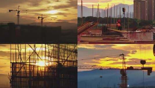 夕阳下的建筑工地 施工工人高清在线视频素材下载