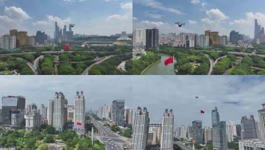 南宁国庆节氛围航拍无人机挂红旗高清在线视频素材下载