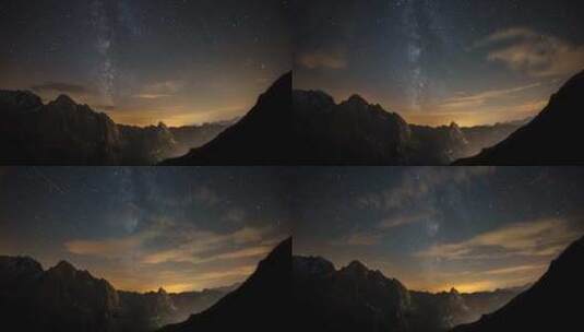 晴天瓦尔·迪·法萨的多洛米蒂山脉兰斯角夜星和银河系的时移高清在线视频素材下载