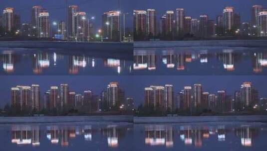 湖面映射 高楼 住宅楼 夜景高清在线视频素材下载