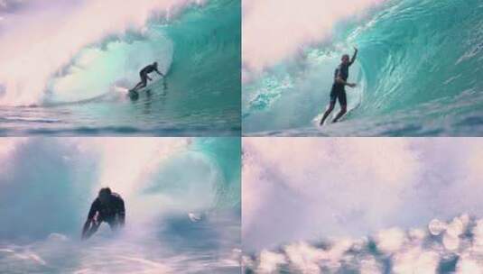 抓拍在大浪下玩滑板的男人高清在线视频素材下载