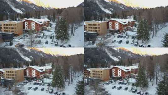 冬季景色环绕的阿尔卑斯山酒店。Falke高清在线视频素材下载