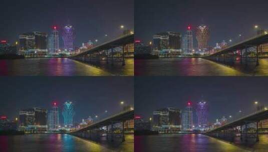 澳门城市地标新葡京嘉乐庇大桥夜景延时8K高清在线视频素材下载
