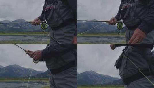 男人在鱼竿上拉线并铸造高清在线视频素材下载