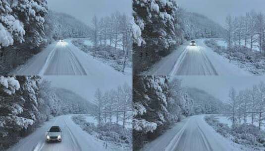 汽车行驶在冬天的林海雪原高清在线视频素材下载